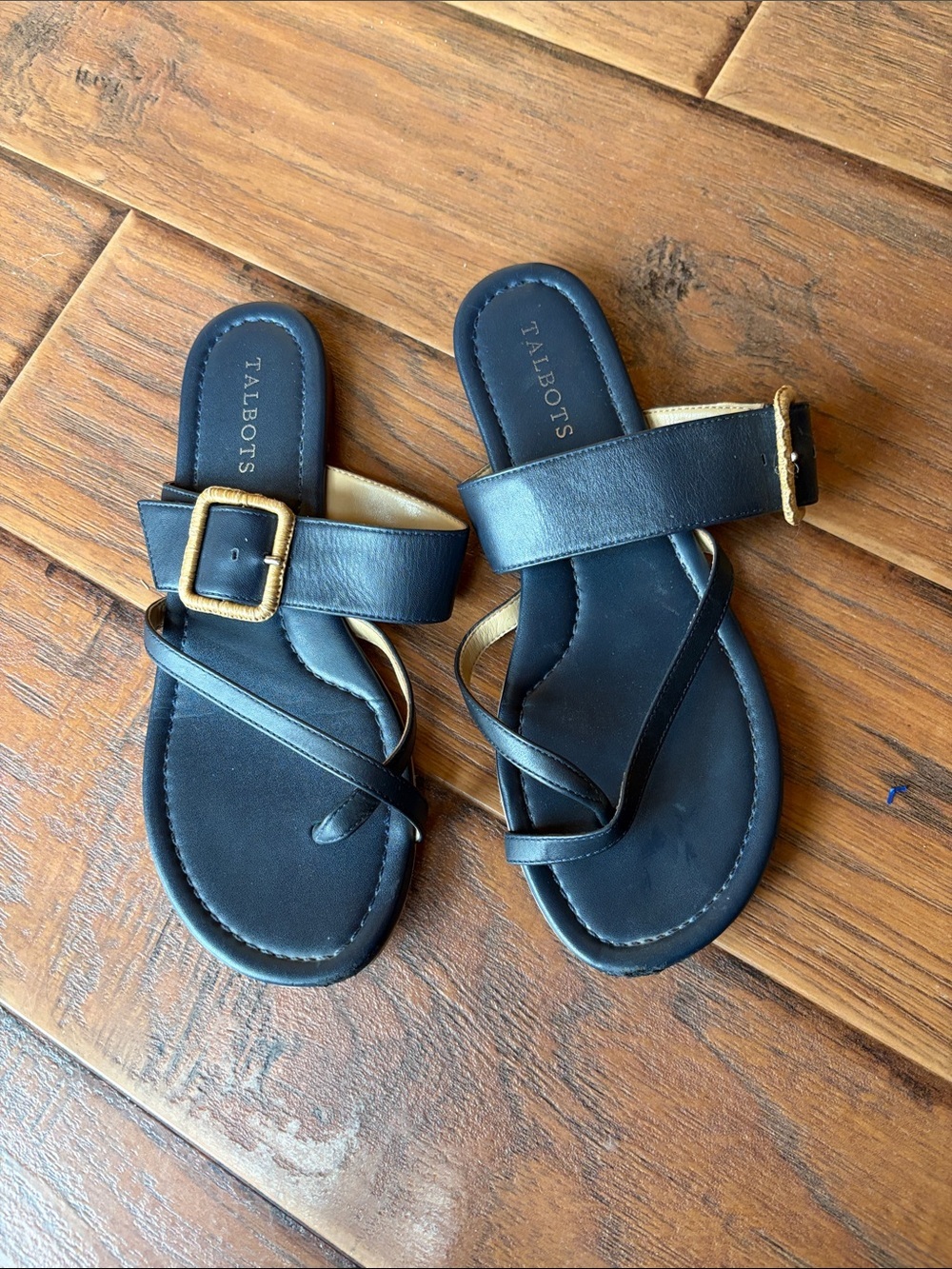 Talbots Black Leather Slide Sandals with Gold Buckle - Size 8